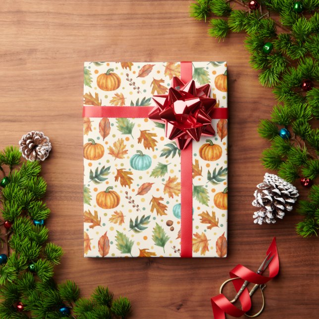 Watercolor Fall Leaves and Pumpkins Wrapping Paper (Holiday Gift)