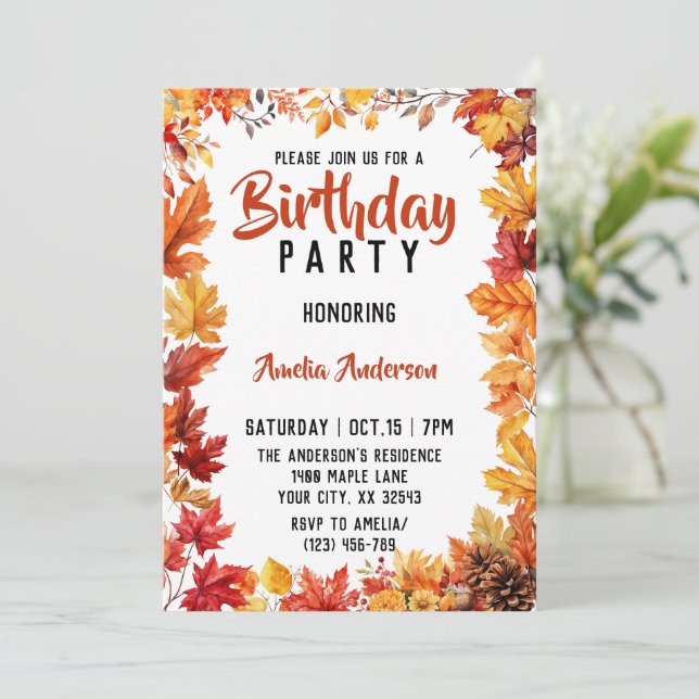 Watercolor Fall Leaves Autumn Birthday Party Invitation (Standing Front)