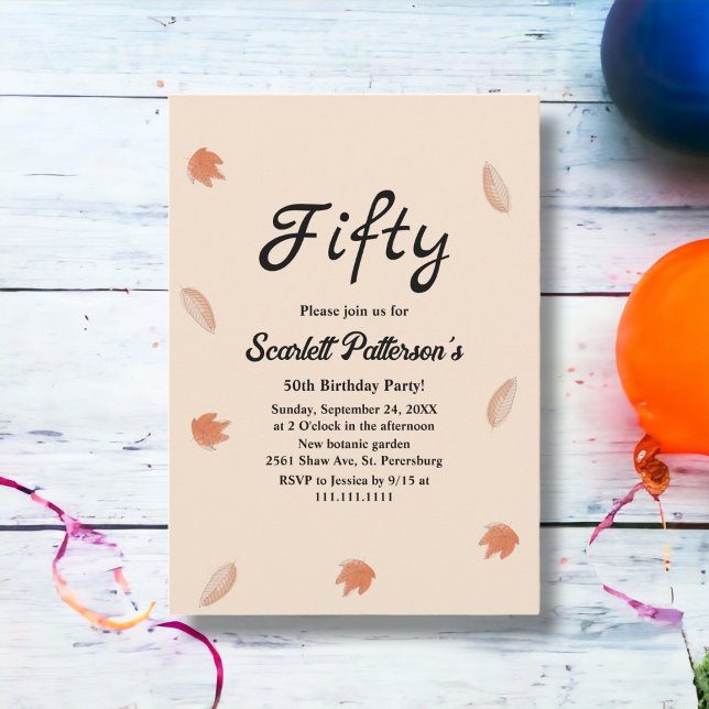 Watercolor Fall Leaves Beige Fall 50th Birthday Invitation (Creator Uploaded)
