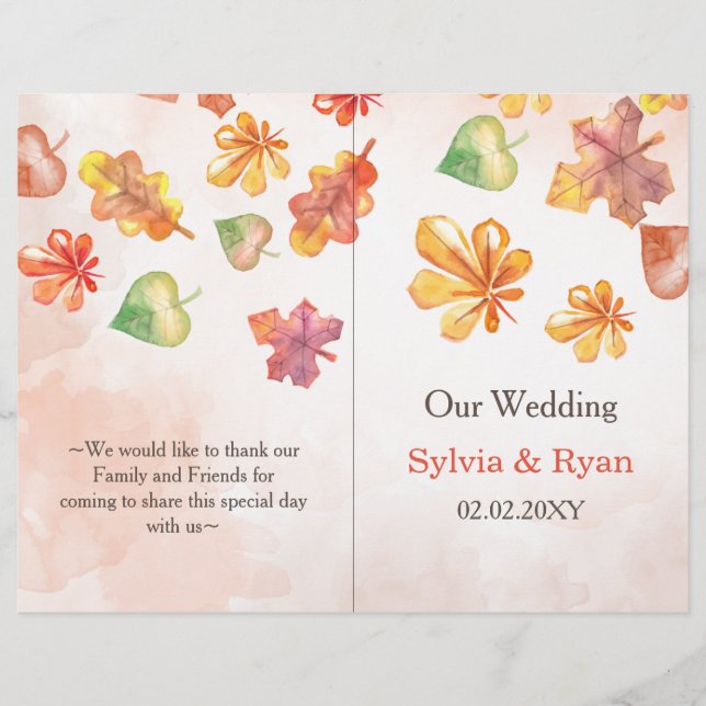 Watercolor Fall Leaves bookfold Wedding program (Front)