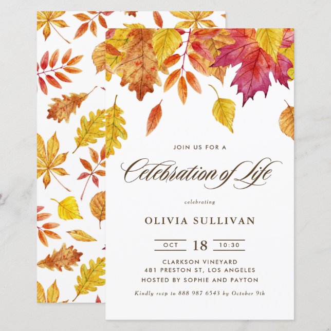 Watercolor Fall Leaves Celebration of Life Invite (Front/Back)