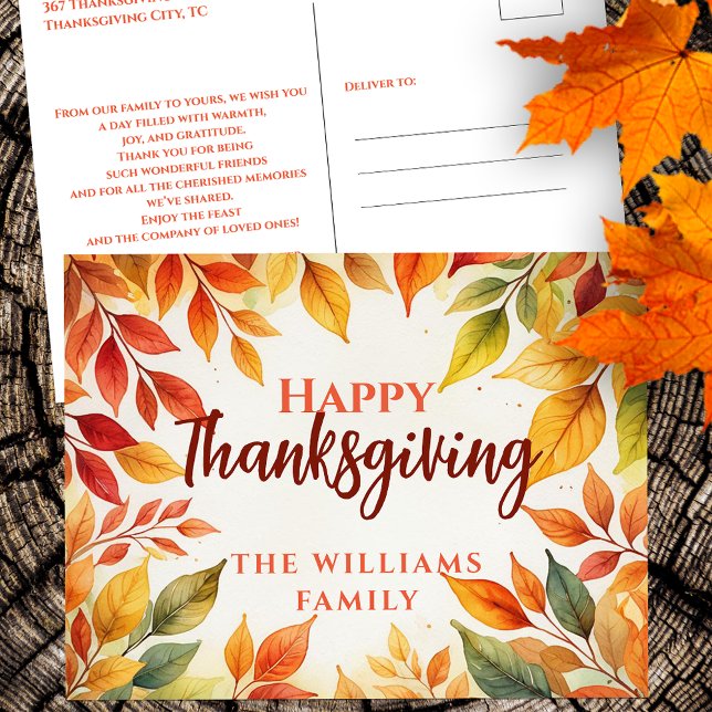 Watercolor Fall Leaves Family Thanksgiving Postcard (Creator Uploaded)