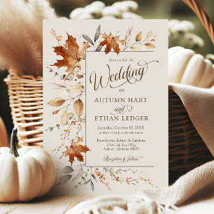 Watercolor Fall Leaves Rustic Ivory Autumn Wedding Invitation