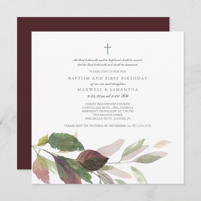 Watercolor Fall Leaves Twins Baptism Invitation (Front/Back)