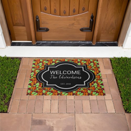 Watercolor fall leaves welcome family name doormat