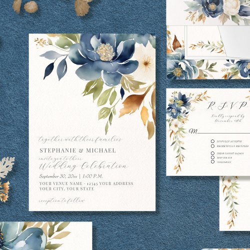 Watercolor Fall Modern Floral Blue Ivory Wedding Invitation