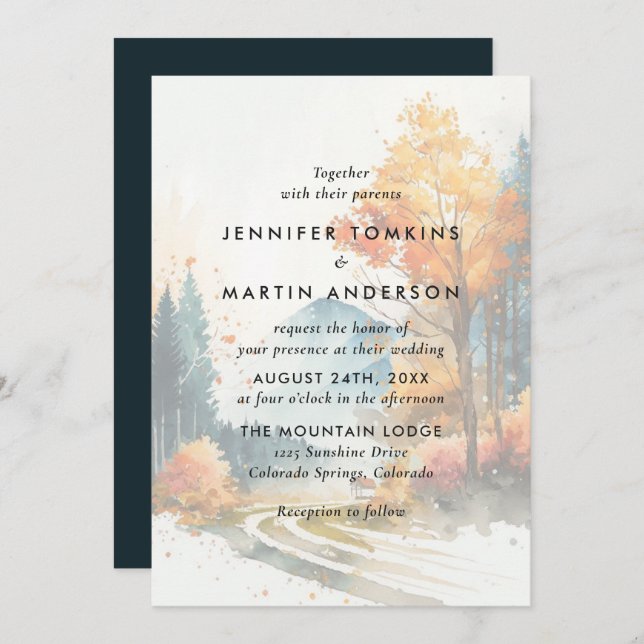 Watercolor Fall Mountain Forest Wedding Invitation (Front/Back)