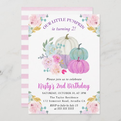 Watercolor Fall Pastel Color Pumpkins Birthday Invitation