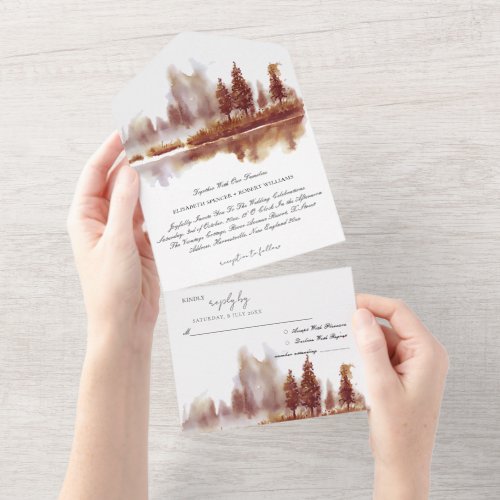 Watercolor Fall Pine Tree Wood Wedding  All In One Invitation