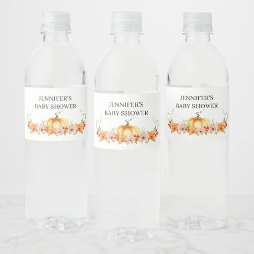 Watercolor fall pumpkin baby shower water bottle label