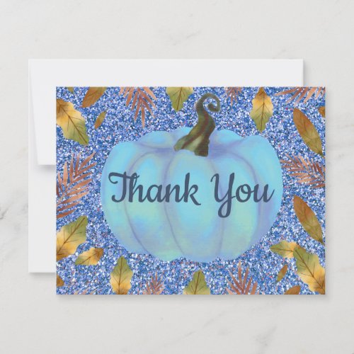 Watercolor Fall Pumpkin Blue Glitter Thank You Card