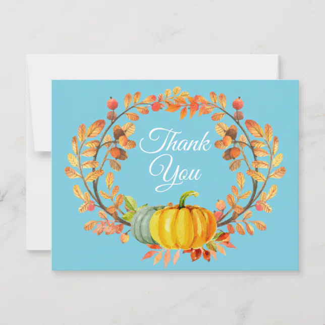 Watercolor Fall Pumpkin Blue Thank You card | Zazzle
