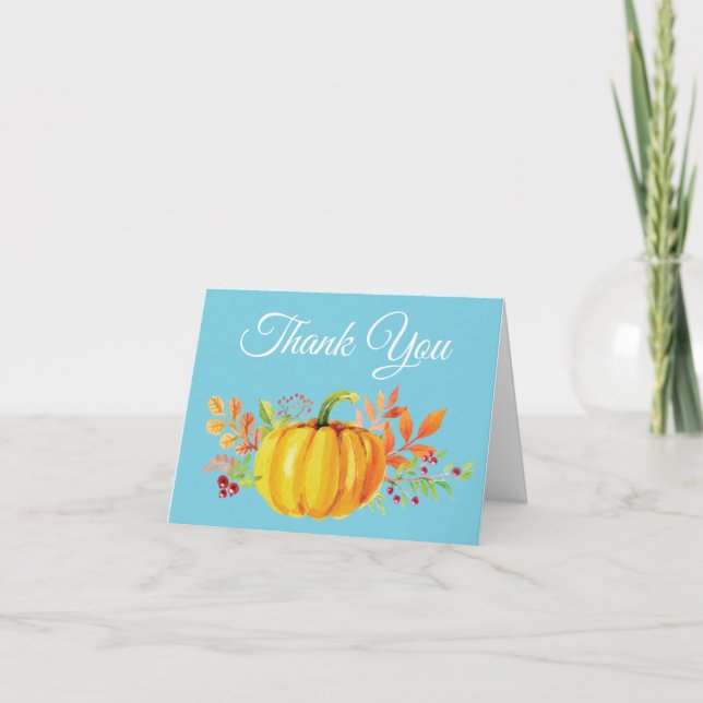 Watercolor Fall Pumpkin Blue Thank You card (Front)
