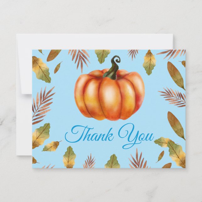 Watercolor Fall Pumpkin Blue Thank You card (Front)