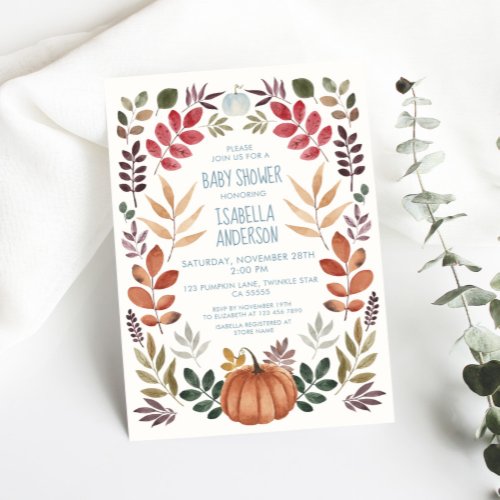 Watercolor Fall Pumpkin Boy Baby Shower Invitation