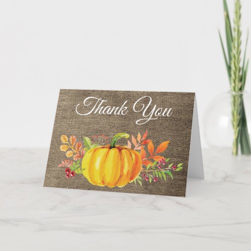 Watercolor Fall Pumpkin Burlap Thank You Card
