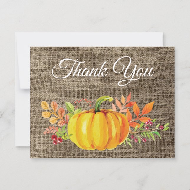 Watercolor Fall Pumpkin Burlap Thank You card (Front)