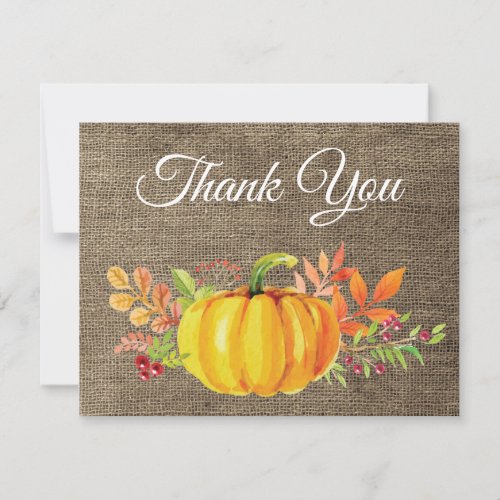 Watercolor Fall Pumpkin Burlap Thank You card