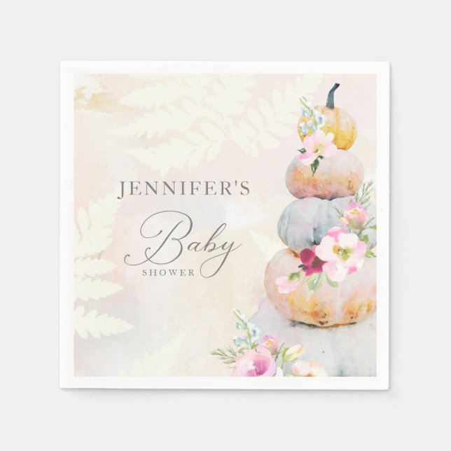 Watercolor Fall Pumpkin Girl Baby Shower Paper Pla Napkins (Front)