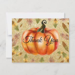 Watercolor Fall Pumpkin Gold Glitter Orange Thank You Card