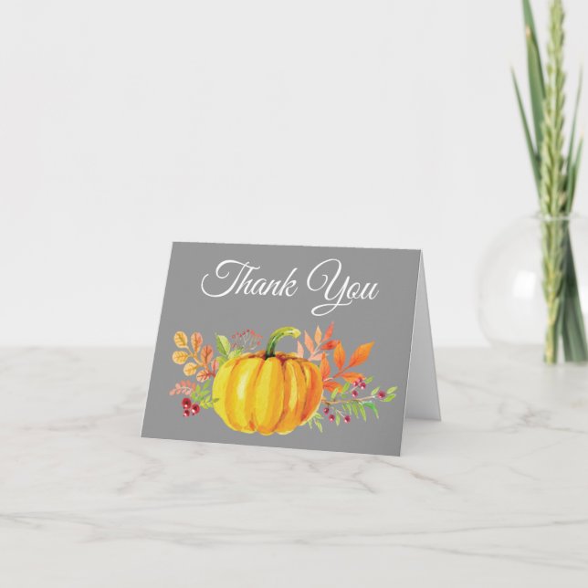 Watercolor Fall Pumpkin Gray Thank You card (Front)