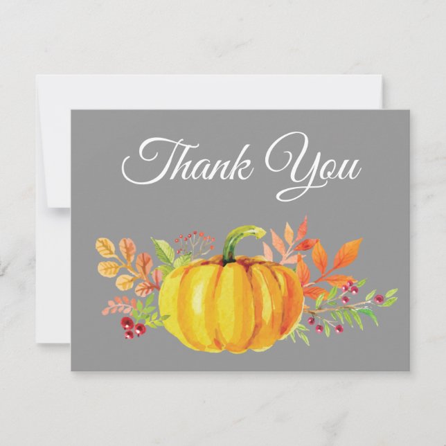 Watercolor Fall Pumpkin Gray Thank You card (Front)
