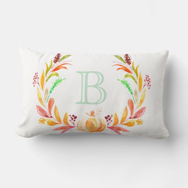 Watercolor Fall Pumpkin & Laurels Initial Letter Lumbar Pillow (Front)