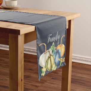 Watercolor Fall Pumpkin Navy Blue Short Table Runner