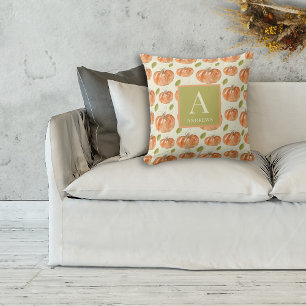 Watercolor Fall Pumpkin Patch Monogram Throw Pillow