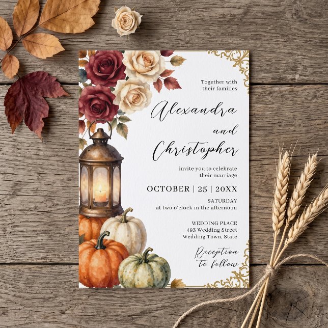 Watercolor Fall Pumpkin Rose Lantern Wedding Invitation (Creator Uploaded)