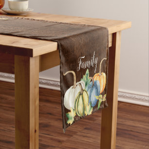 Watercolor Fall Pumpkin Rustic Dark Wood Short Table Runner