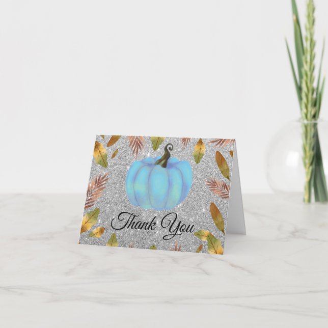 Watercolor Fall Pumpkin Silver Glitter Blue Letterpress Thank You Card (Front)