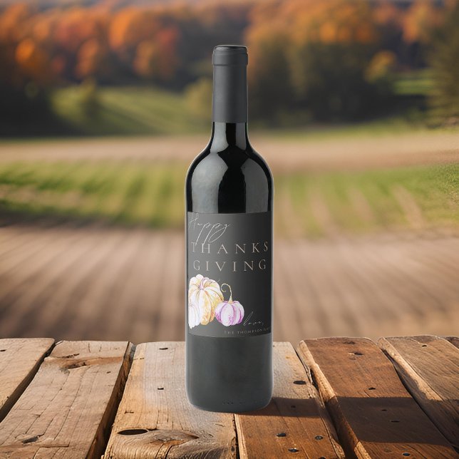 Watercolor Fall Pumpkin Thanksgiving Black Wine Label (Creator Uploaded)
