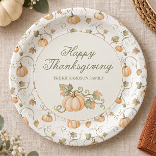 Watercolor Fall Pumpkin Thanksgiving Dinner Paper Plates