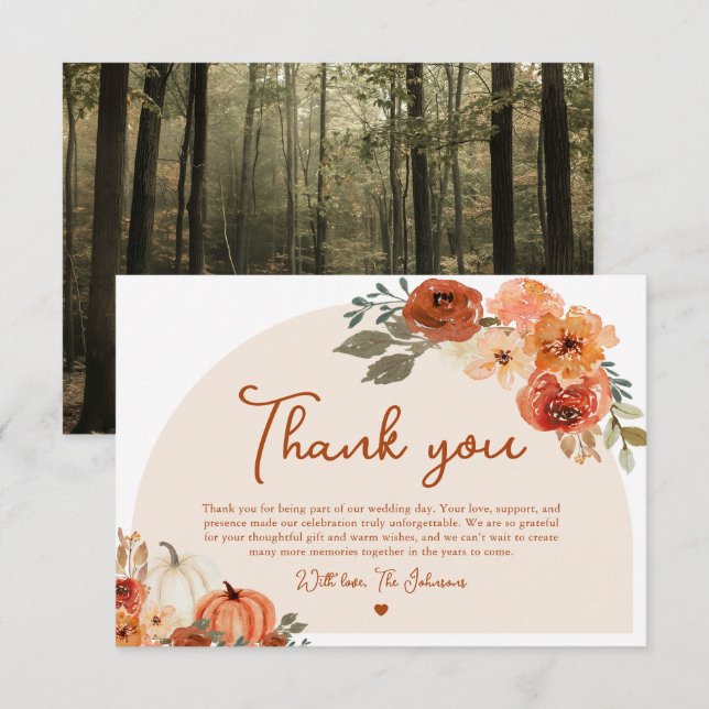 Watercolor Fall Pumpkin Wedding Thank you Card (Front/Back)