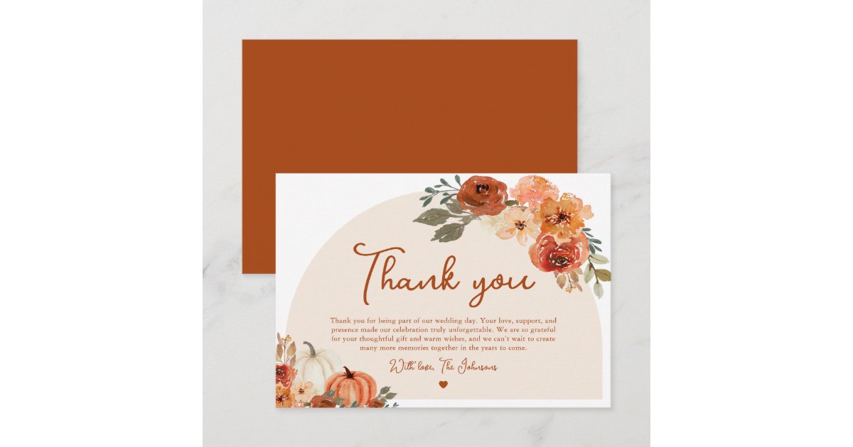 Watercolor Fall Pumpkin Wedding Thank you Card | Zazzle