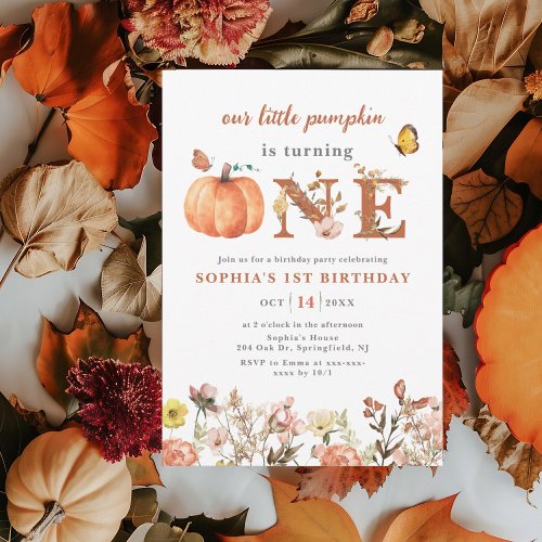 Watercolor Fall Pumpkin Wildflower 1st Birthday Invitation