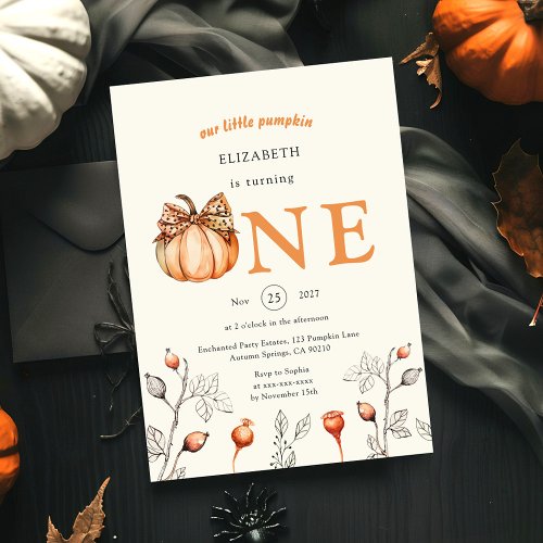 Watercolor Fall Pumpkin Wildflower 1st Birthday Invitation