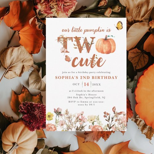 Watercolor Fall Pumpkin Wildflower 2nd Birthday Invitation