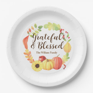 Watercolor Fall Pumpkin Wreath Autumn Thanksgiving Paper Plates