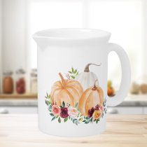 Watercolor Fall Pumpkins and Boho Flowers Beverage Pitcher