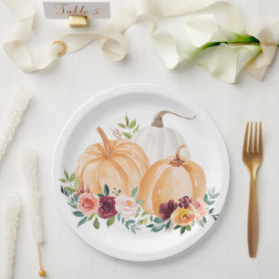 Watercolor Fall Pumpkins and Boho Flowers Paper Plates