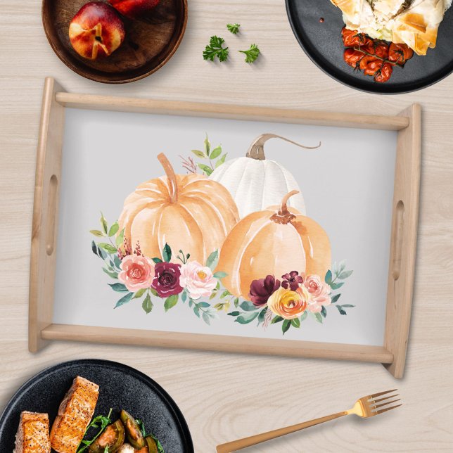 Watercolor Fall Pumpkins and Boho Flowers Serving Tray (In situ )