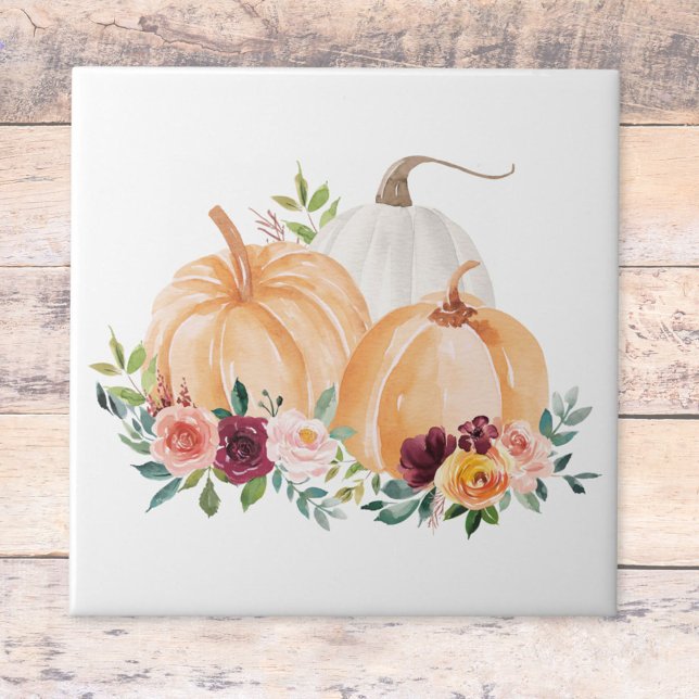 Watercolor Fall Pumpkins Boho Flowers Ceramic Tile (Close up)