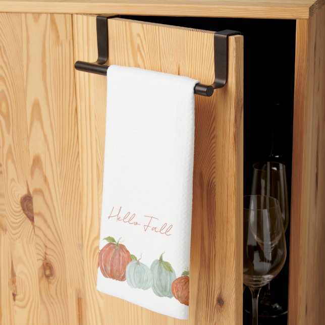 Watercolor Fall Pumpkins "Hello Fall" Kitchen Towel (Thirds Fold)