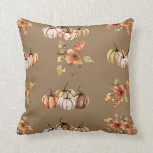 Watercolor Fall Pumpkins Leaves Floral Farmhouse T Throw Pillow