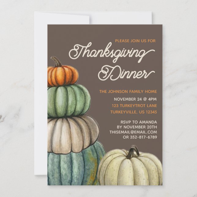 Watercolor Fall Pumpkins Thanksgiving Dinner  Invitation (Front)