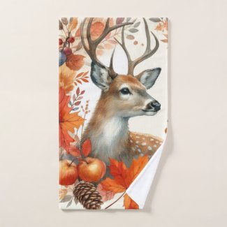Watercolor Fall Season Orange Leaves and Deer 