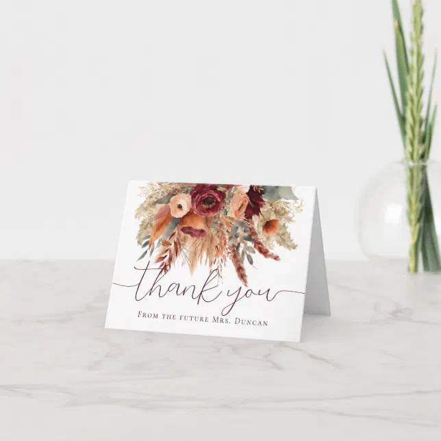 Watercolor Fall Terracotta Flowers Pampas Grass Thank You Card | Zazzle