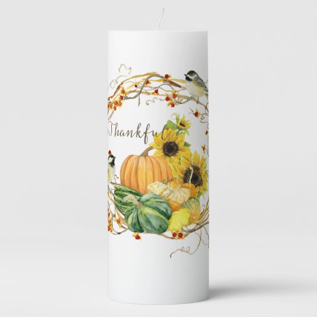 Watercolor Fall Thankful Sunflower Floral Pumpkin Pillar Candle (Front)